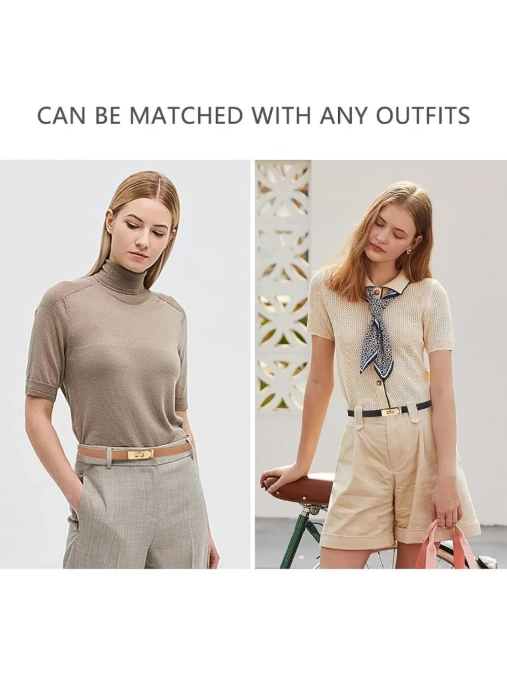 Women's Adjustable Skinny Leather Belt with Gold Turn-Lock Buckle for Dresses